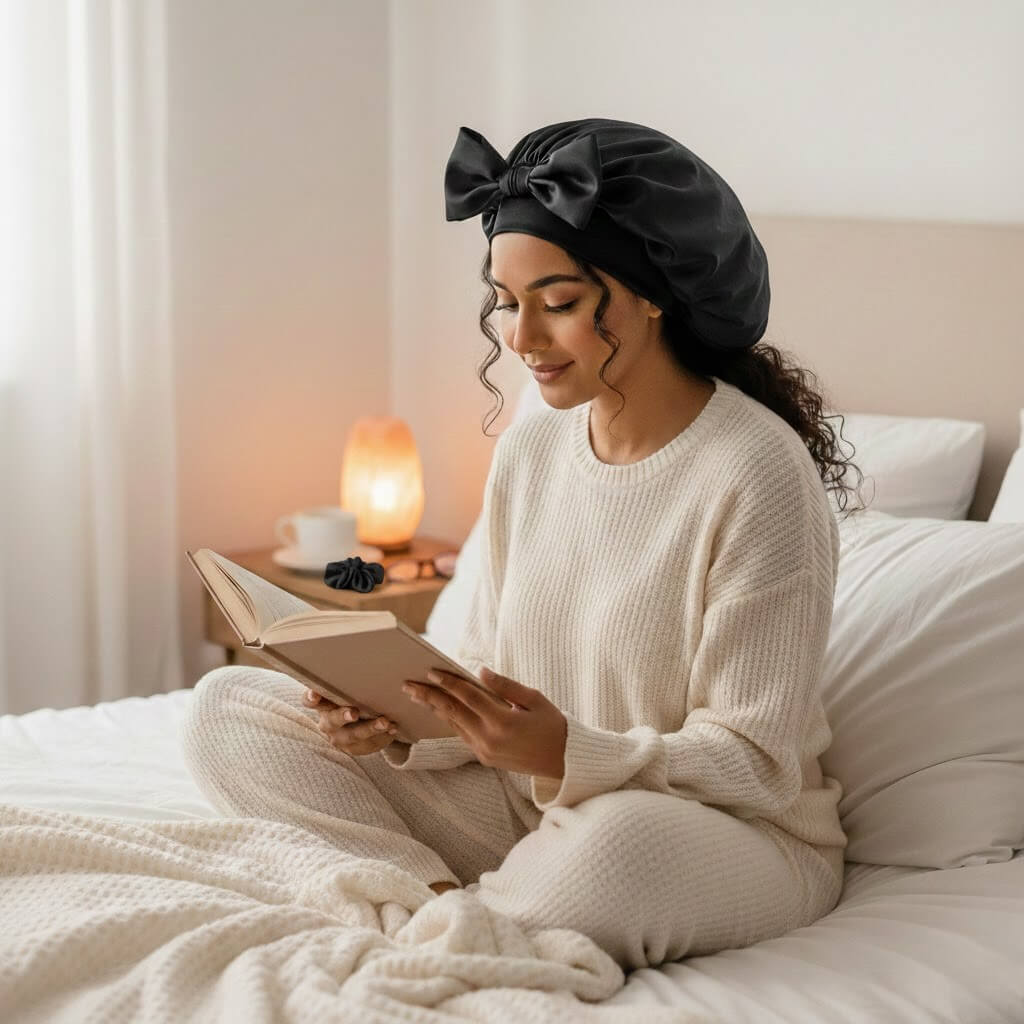 Bonnet de nuit noir satin lisse protège cheveux crépus et bouclés