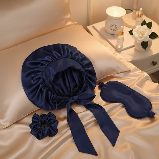 Pack Nuit Royal accessoires bleus en soie et satin soin capillaire nocturne