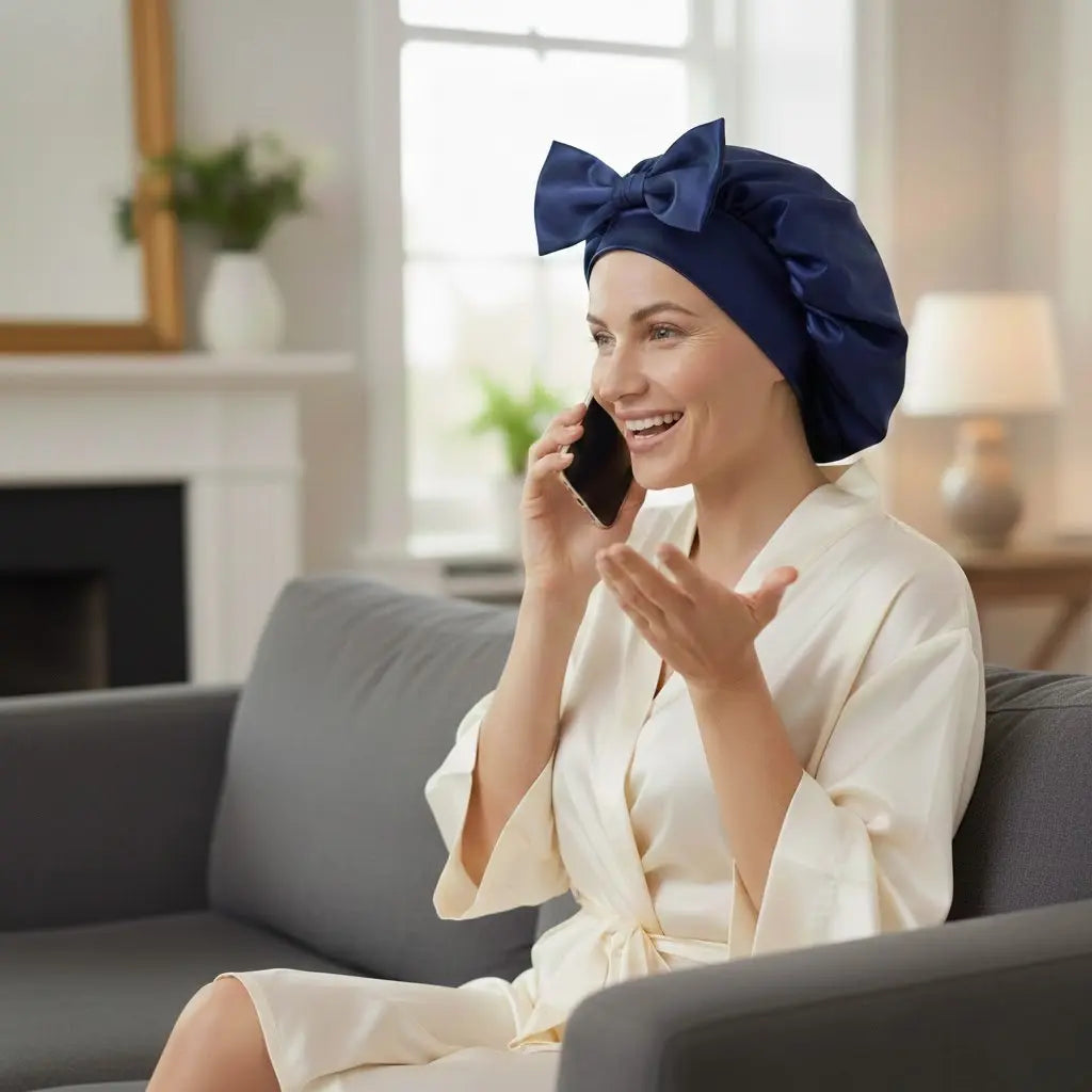 Bonnet de nuit bleu satin lisse protège les cheveux la nuit