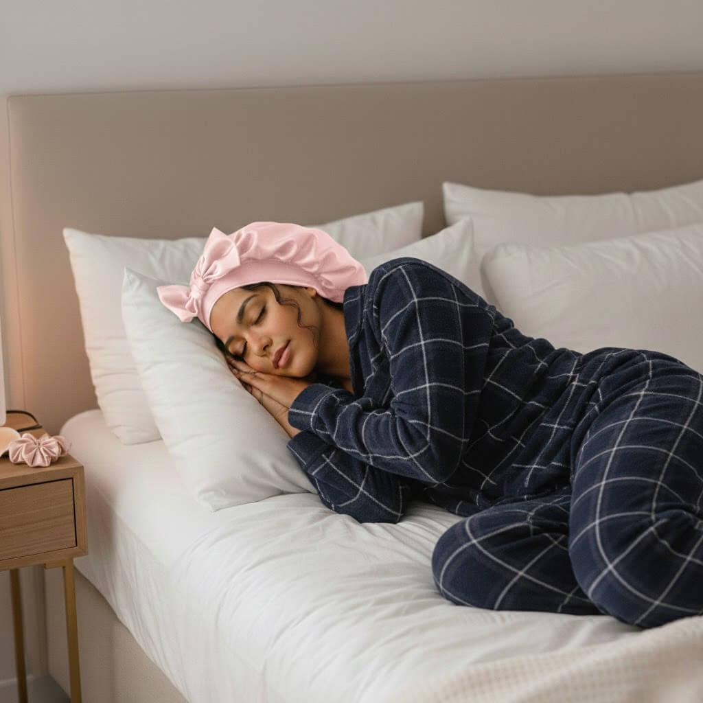 Bonnet de nuit rose satin léger réduit frisottis