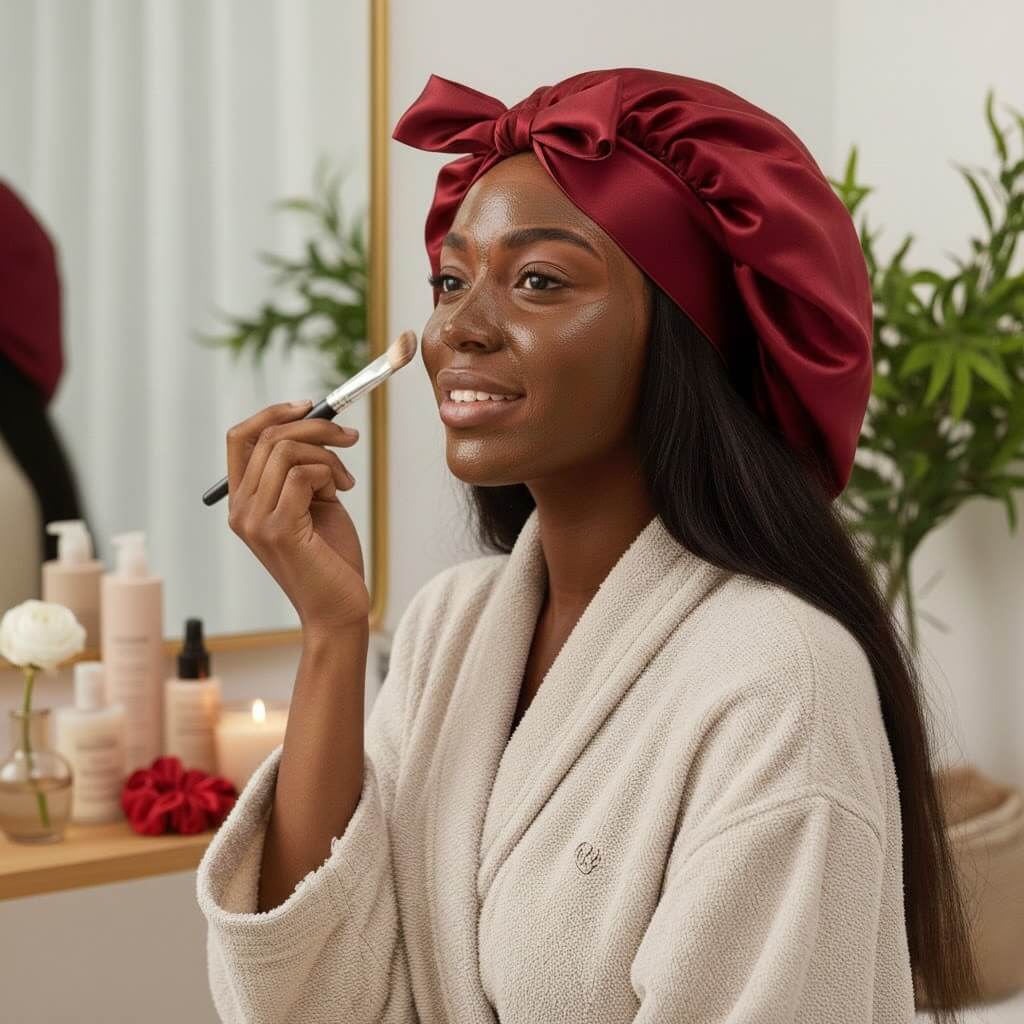 Bonnet de nuit rouge satin premium soin capillaire nocturne