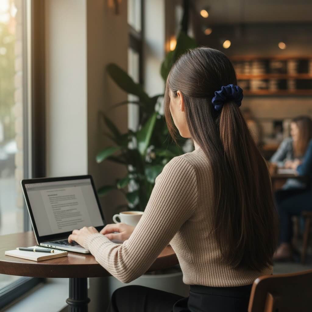 Chouchou en soie bleu porté