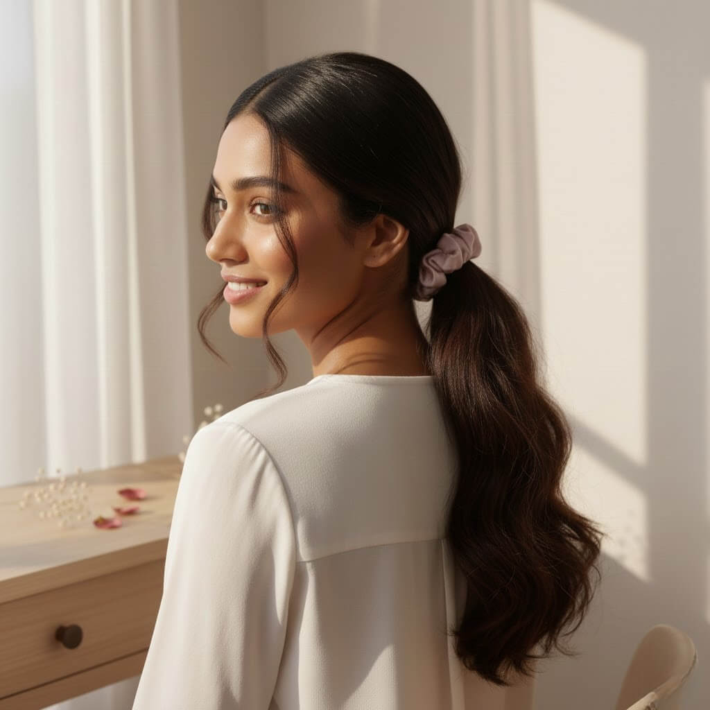 Chouchou en soie rose porté