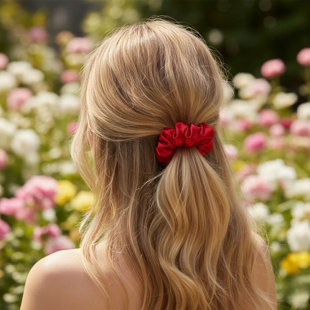 Chouchou en soie rouge porté
