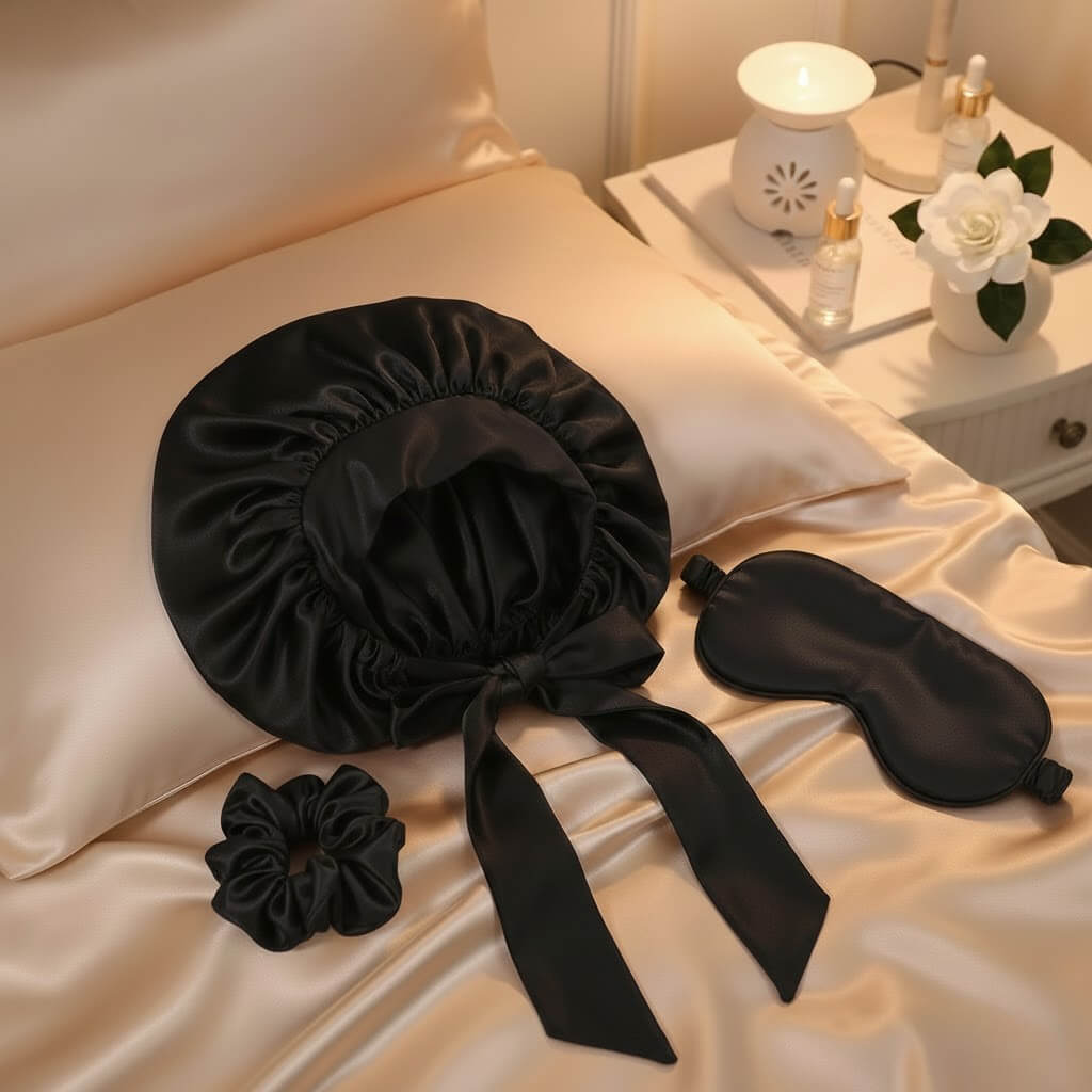 Pack Nuit Royal masque en soie, bonnet en satin et chouchou en soie noir routine sommeil luxueuse