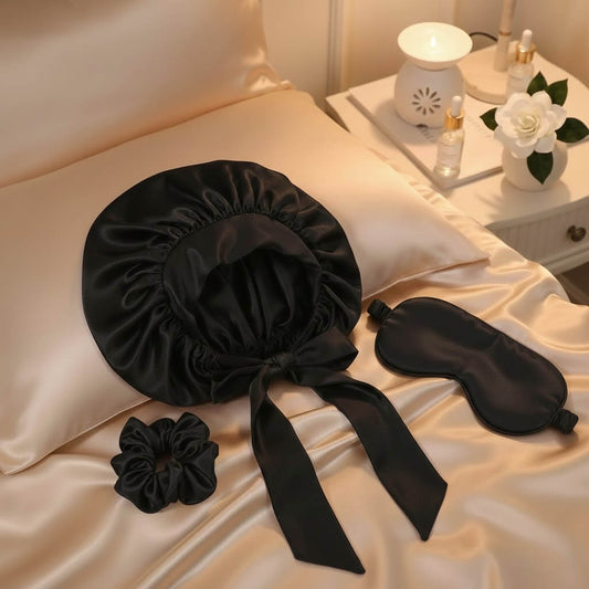 Pack Nuit Royal masque en soie, bonnet en satin et chouchou en soie noir routine sommeil luxueuse