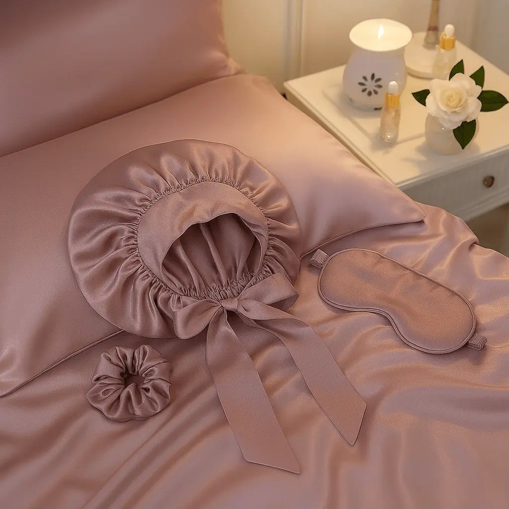 Pack Nuit Royal masque, bonnet et chouchou roses beauté et confort du sommeil