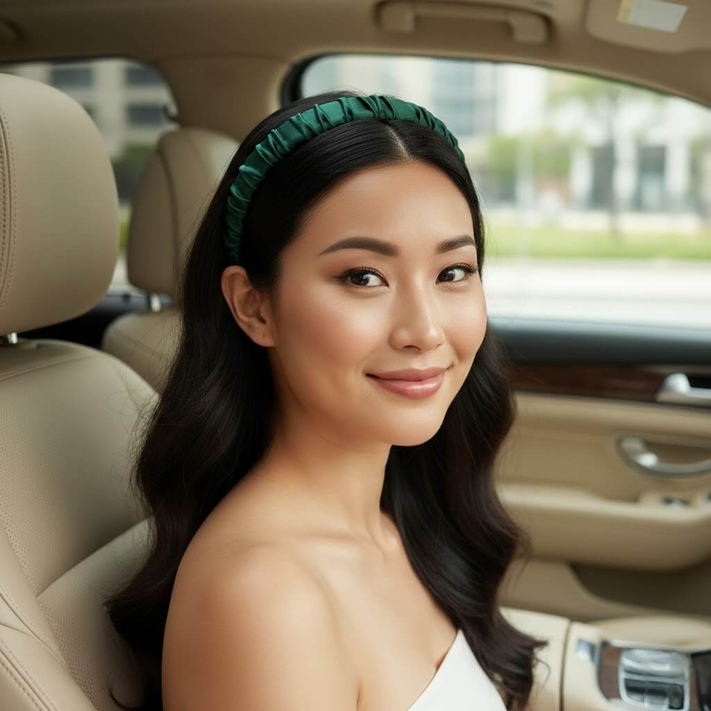 Serre tête en soie vert porté